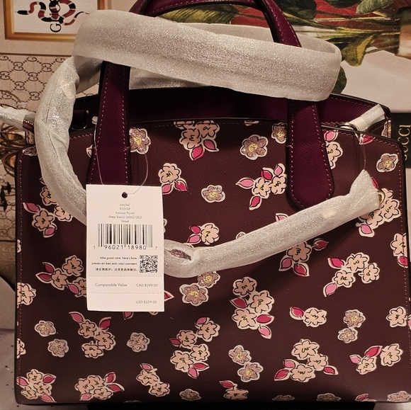 Kate Spade Tinsel Frosted Floral Deep Berry Satchel/Crossbody Bag - Picture 12 of 14
